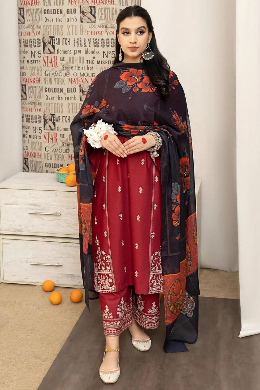 Red Pure Lawn Suit