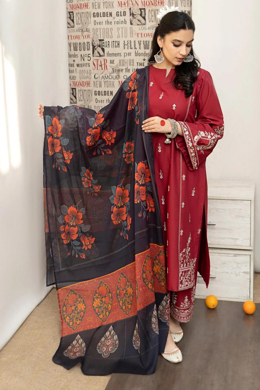 Red Pure Lawn Suit