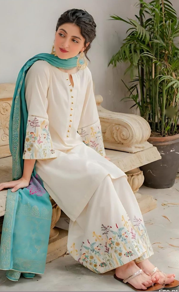 White Lawn Suit  Digital Printed  Dupatta
