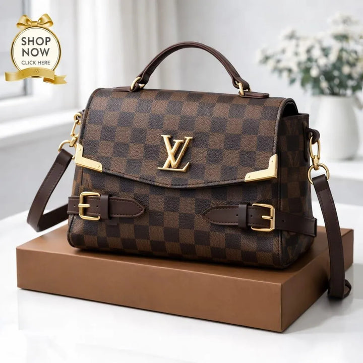 LV Checkered Shoulder Bag Medium Soft Leather Long Strap