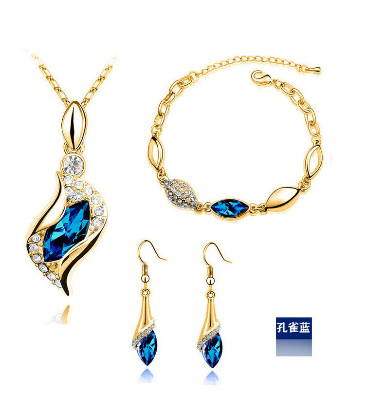 Blue Crystal Jewelry Set For Woman Silver Tones