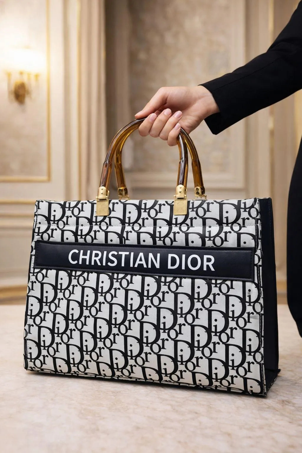 Christian Dior Shoulder Bag Black White Pattern With Gold Hardware