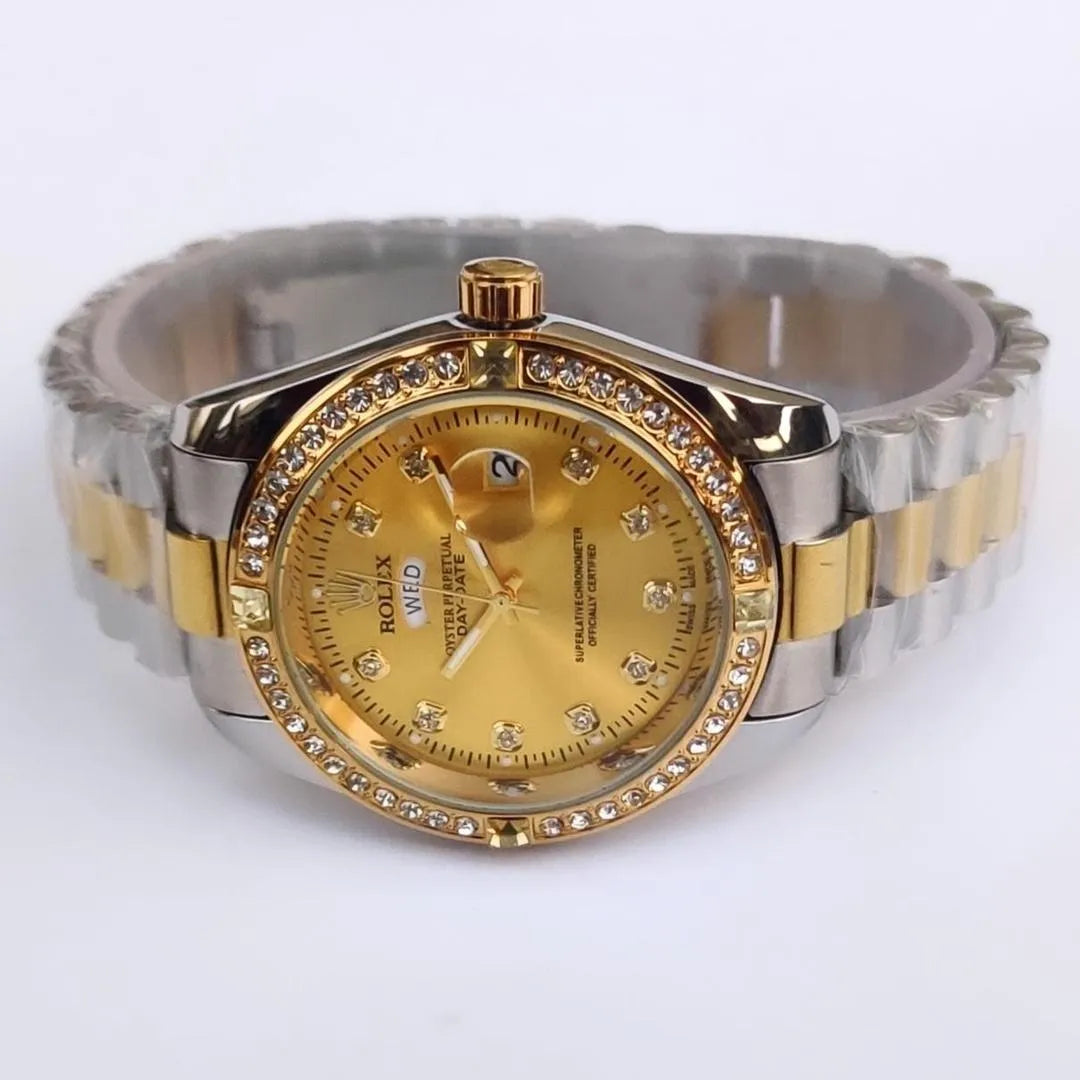 Men's Gold Silver Two Tone Watch With Diamond And Day Date