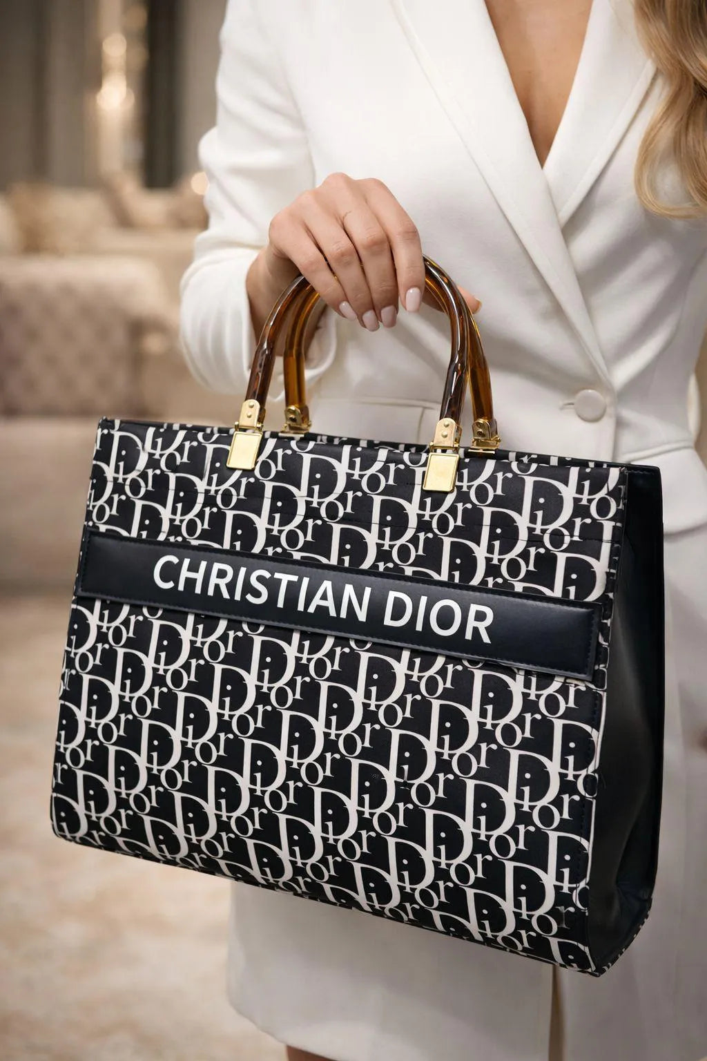 Christian Dior Shoulder Bag Black White Pattern With Gold Hardware