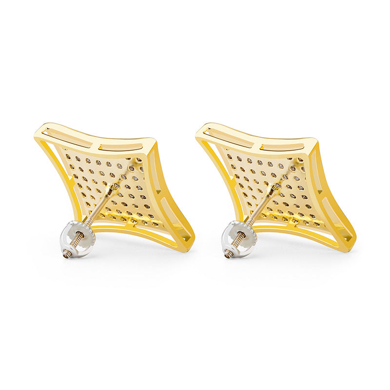 Square Zircon Earrings Real Gold Hip Hop Style