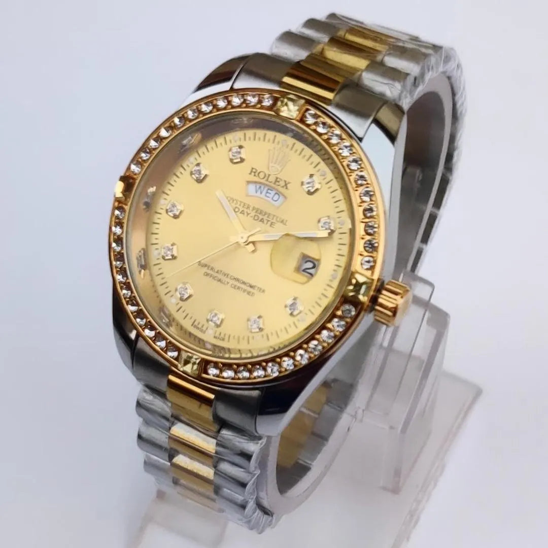 Men's Gold Silver Two Tone Watch With Diamond And Day Date
