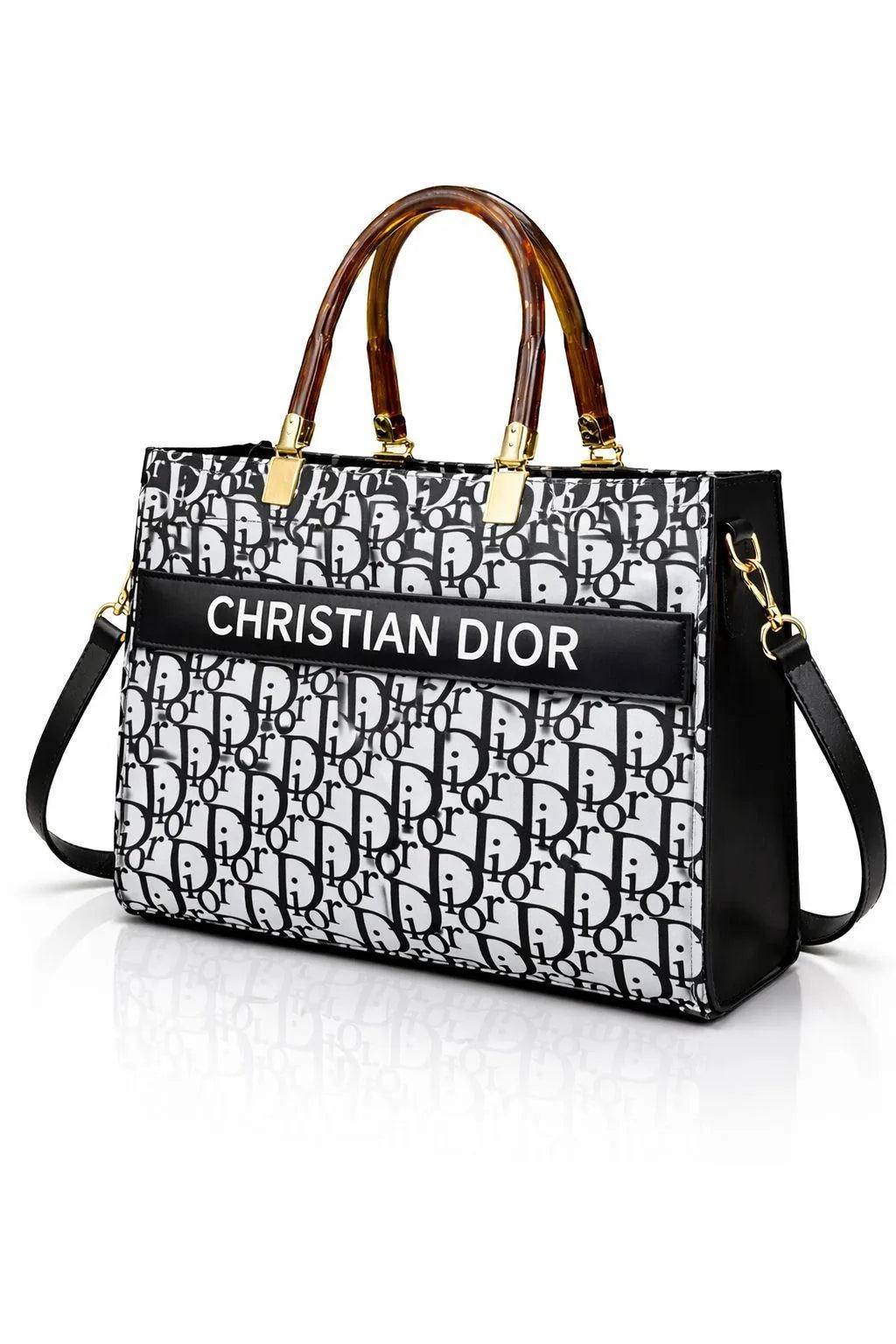 Christian Dior Shoulder Bag Black White Pattern With Gold Hardware