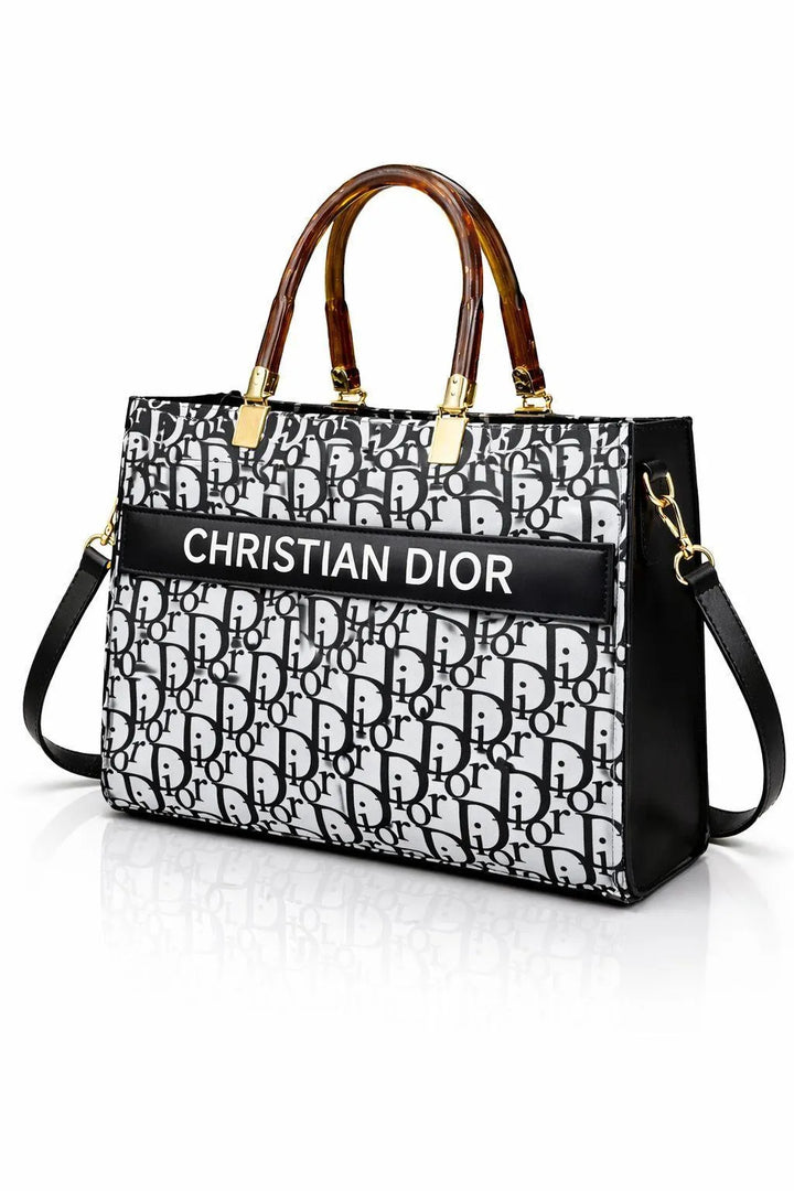 Christian Dior Shoulder Bag Black White Pattern With Gold Hardware