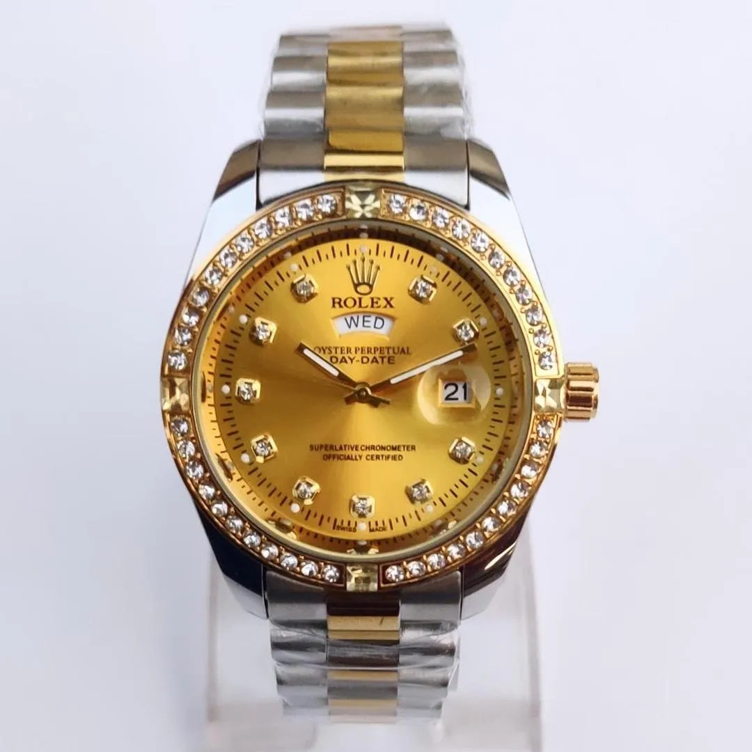 Men's Gold Silver Two Tone Watch With Diamond And Day Date