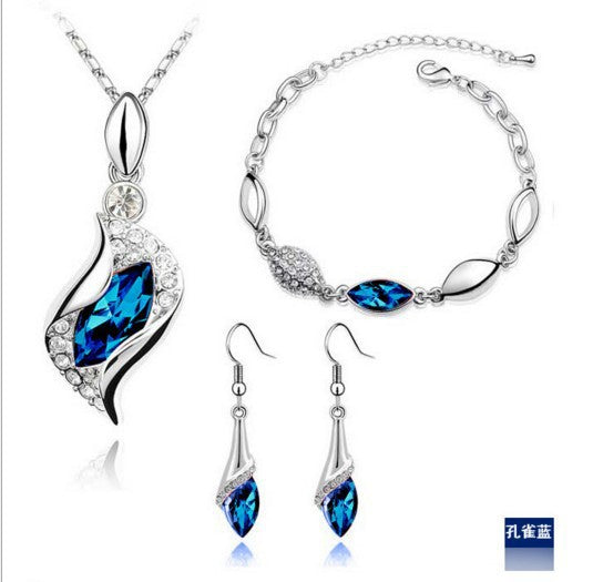 Blue Crystal Jewelry Set For Woman Silver Tones