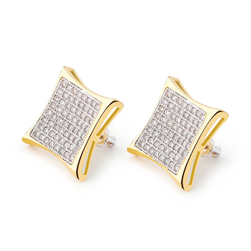 Square Zircon Earrings Real Gold Hip Hop Style