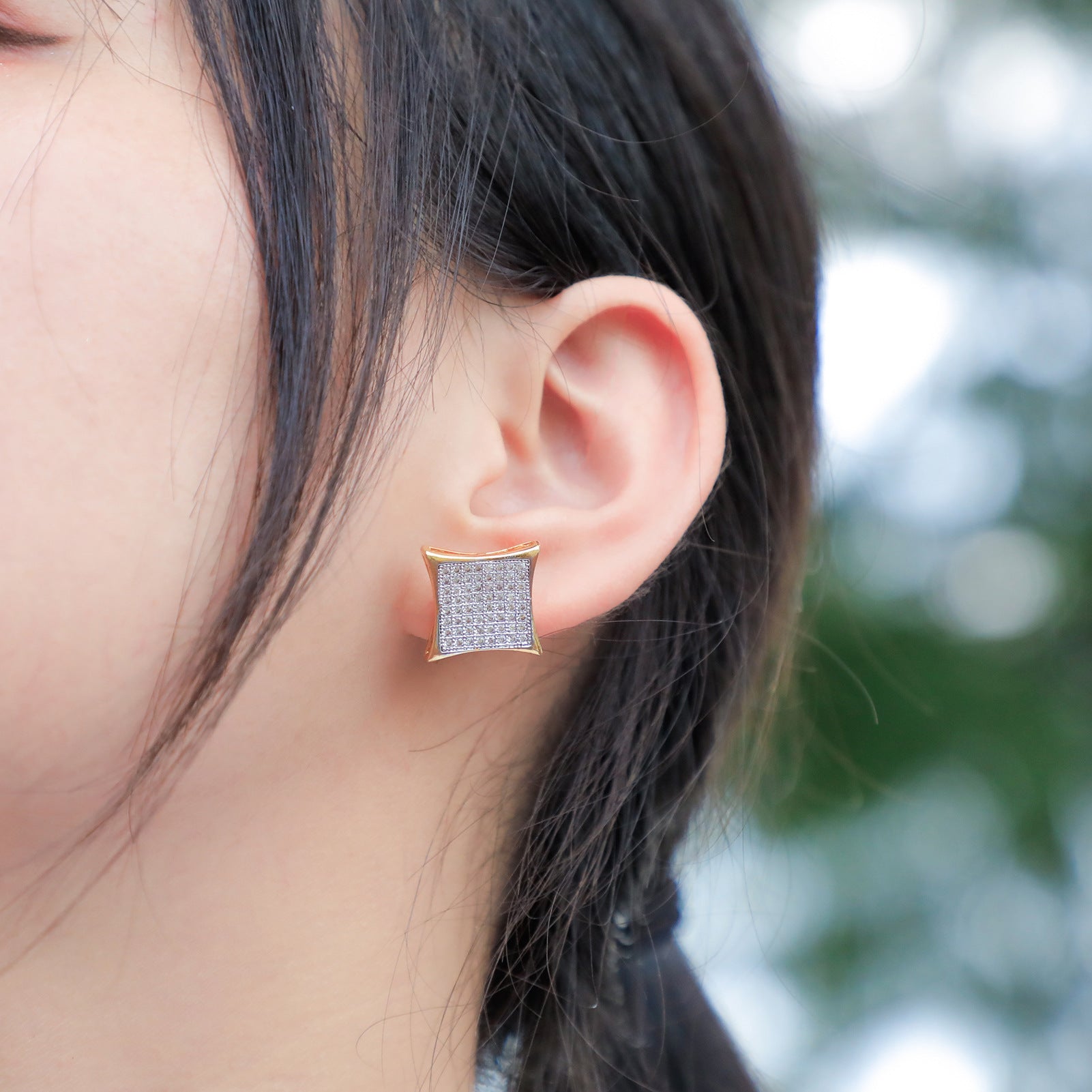 Square Zircon Earrings Real Gold Hip Hop Style