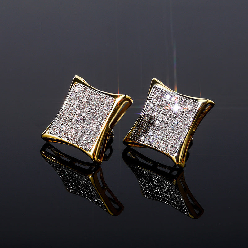 Square Zircon Earrings Real Gold Hip Hop Style