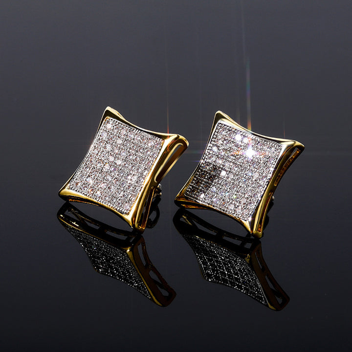 Square Zircon Earrings Real Gold Hip Hop Style