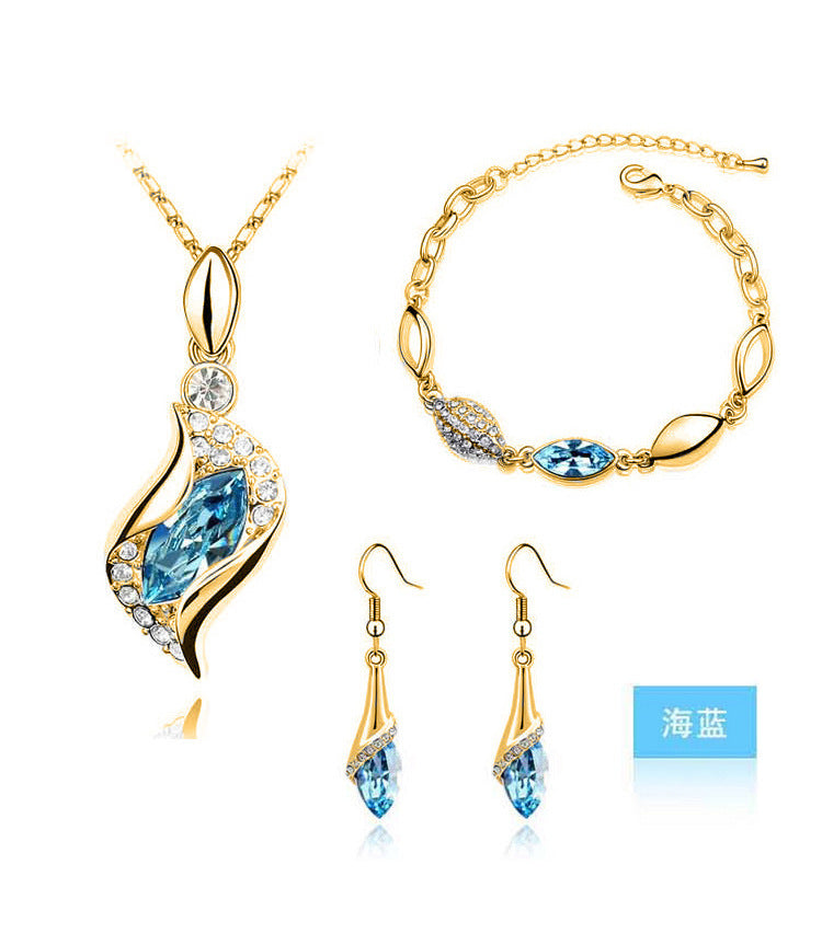 Blue Crystal Jewelry Set For Woman Silver Tones