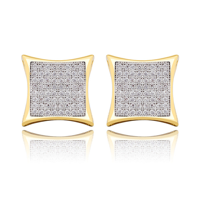 Square Zircon Earrings Real Gold Hip Hop Style