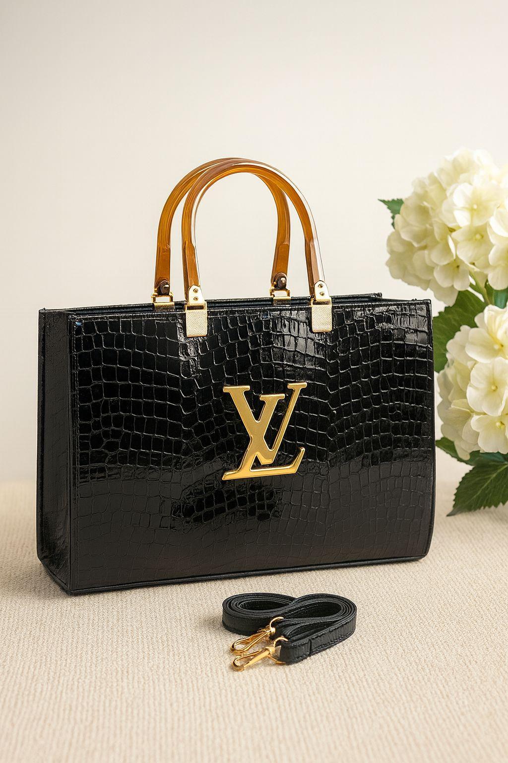 Black Croc Textured Lv Tie Bag With Detachable Straps